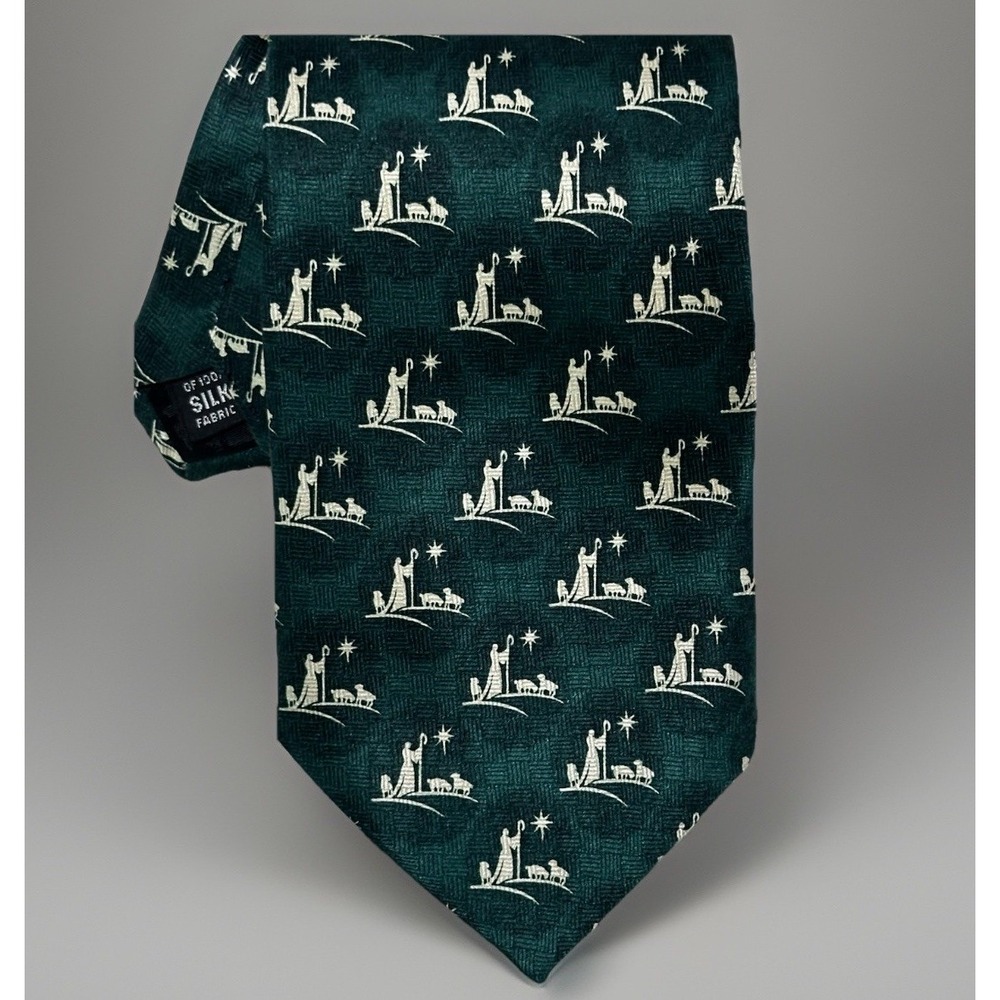 Christian's Closet Men's Christmas Silk Tie Shepherd, Bethlehem Star Green